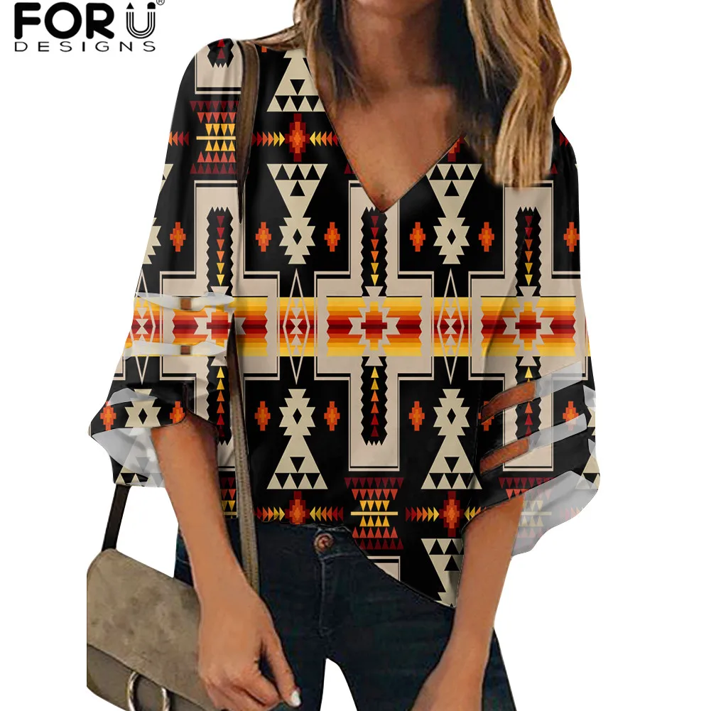 

FORUDESIGNS Africa Tribe Prints Women Summer Fashion Loose Tops 3/4 Sleeve Breathable Casual Office Sexy Lady Shirt for Female