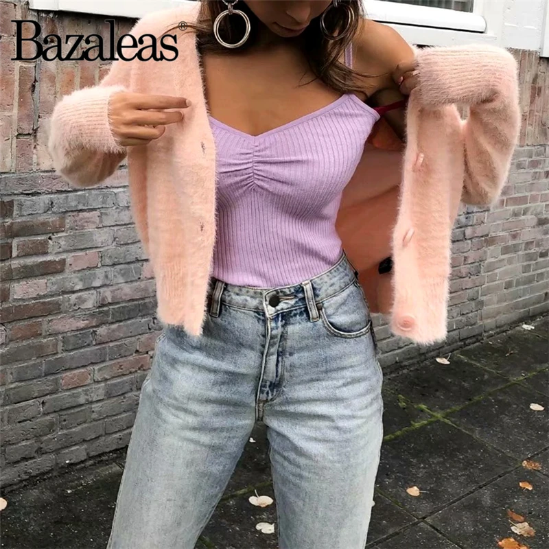 Bazaleas сексуальный женский топ на бретелях с рюшами уличная одежда тонкий