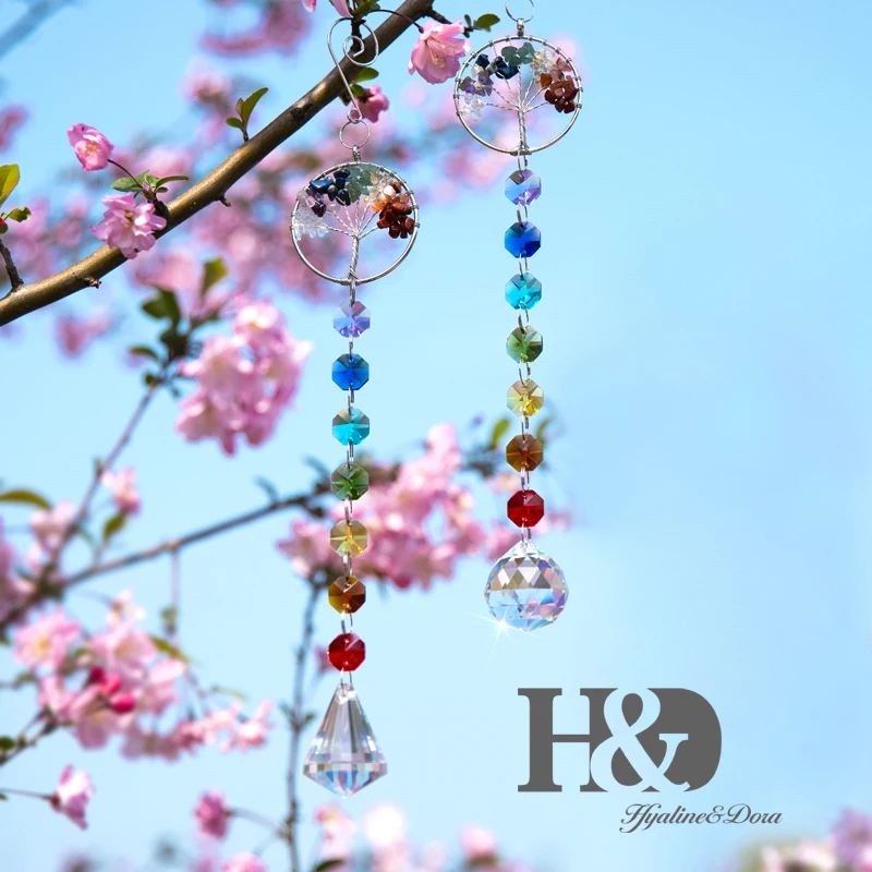 

H&D 2Pcs Chakra Color Beads Hanging Crystal Prism Cone Balls Pendants Suncatcher Healing Stone Tree Of Life Home Rainbow Maker