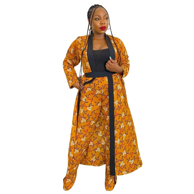 

Donsignet Fashion Women's Suit New Summer Casual Yellow Retro Coat Print Plus Wide Leg Trousers Two-piece Suit Lace