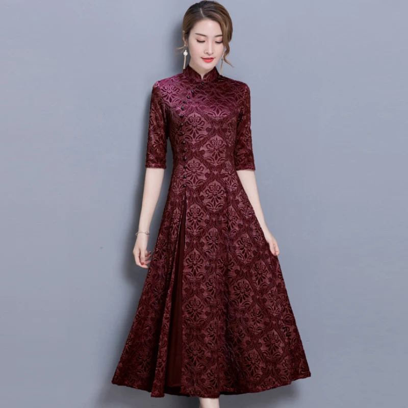 

Large Size S-xxxl Lace Ankle-length Dress Women Summer New Solid Color Stand Dress Vintage Lace Long Dress Womens Clothing