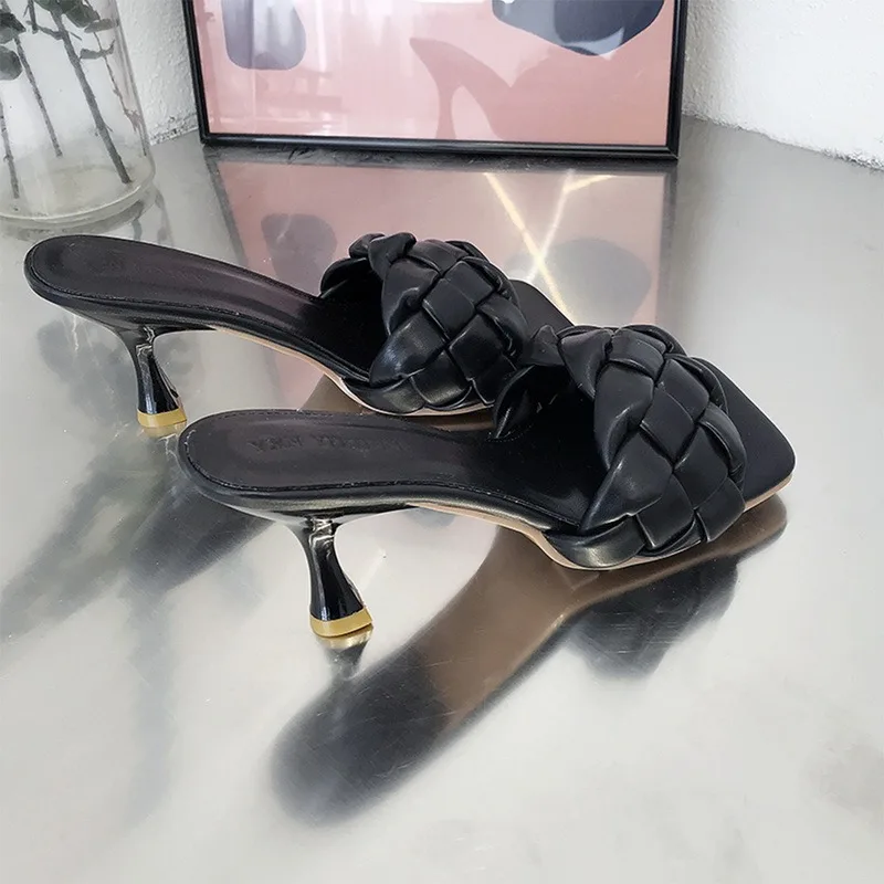 

Luxury Slides Women 7cm High Heels Mules Fetish Pumps Individual Weave Leisure Blue Office Ladies Prom Slippers Women's Shoes