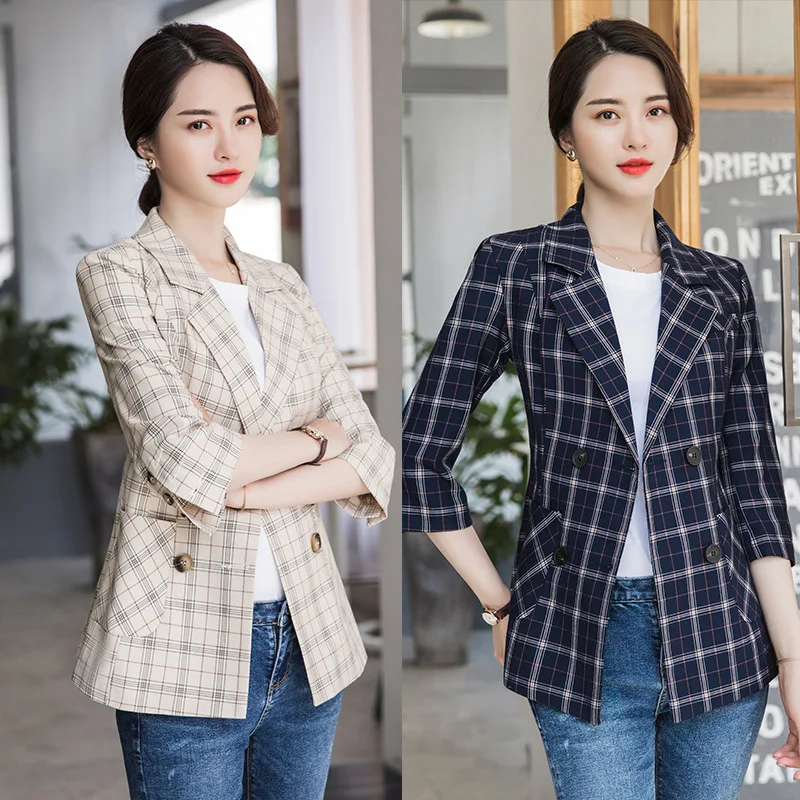 Женский офисный пиджак с коротким рукавом в клетку деловой весна осень