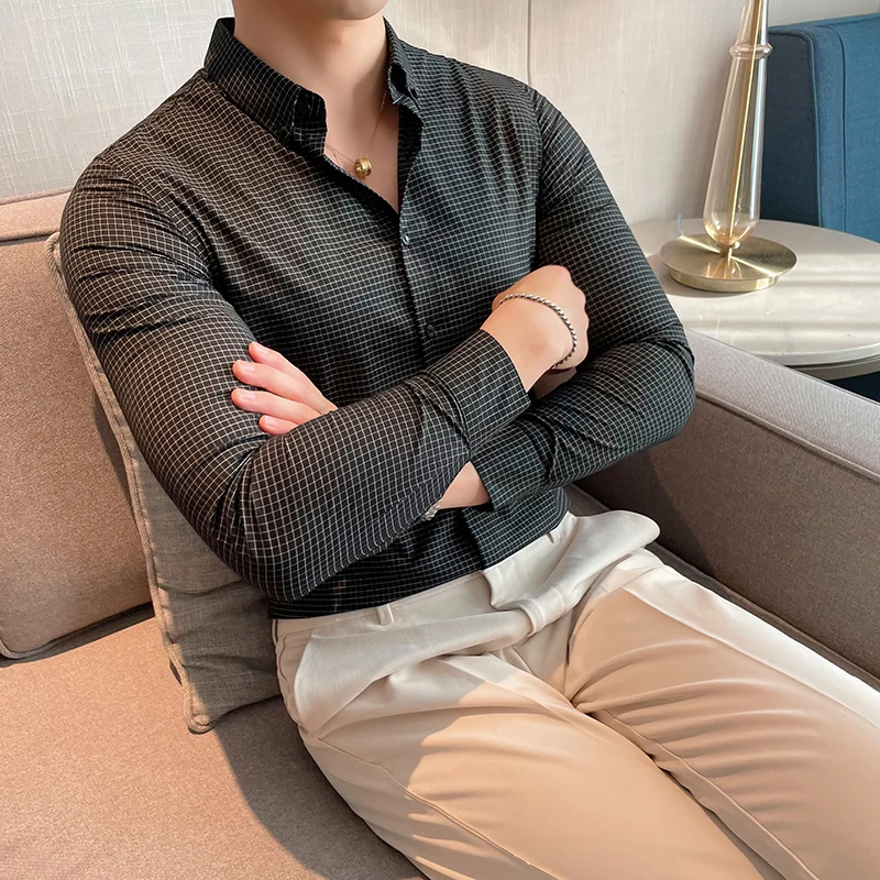 

Light Luxury Plaid Men Shirts Autumn Long Sleeve Fashion Slim Shirt Business Casual Office Social Formal Dress Shirts Streetwear