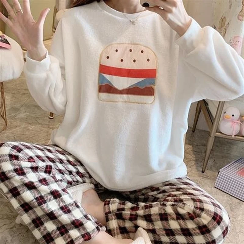 QWEEK Pajama Set Women Flannel Pyjamas Ice Cream Hamburger Fries Pattern Plaid Sleep Pants Loungewear Autumn Winter Pijamas Cute