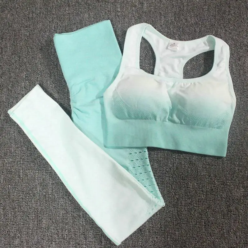 Mint Green set Набор йоги Омбре бесшовные леггинсы бюстгальтер пуш-ап укороченный топ Женская одежда для зала и бега Высокая талия для занятий фитнесом спортом в тренажерном зале костюмы - Цвет: Mint Green set
