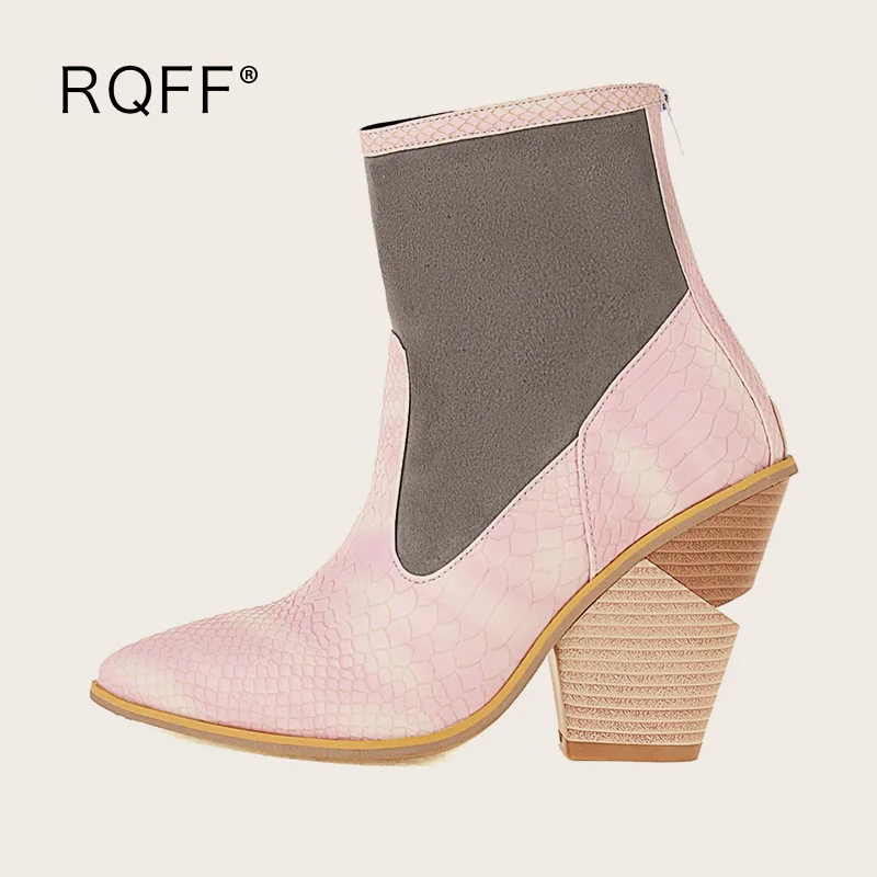 

Женские ботинки ручной работы, осенне-зимние ботильоны из искусственной кожи на блочном каблуке, с острым носком, необычный стиль, новинка, ...