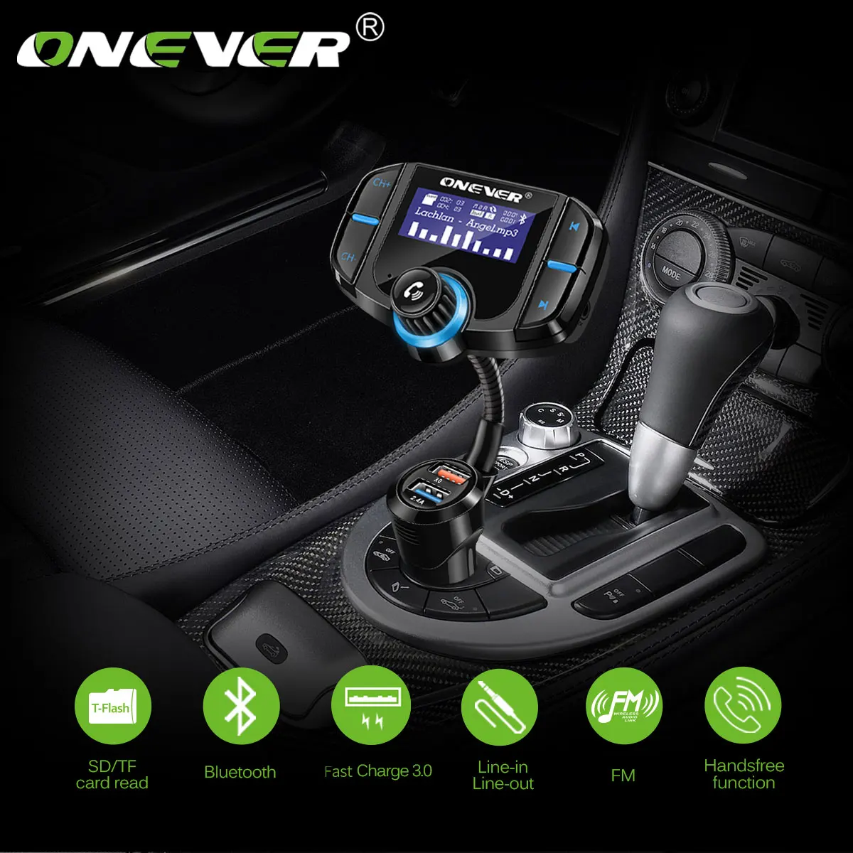 

Onever QC3.0 Support Siri FM Transmitter Bluetooth FM Modulator 2 Port Quick Charge Charger Handsfree Car Kit 1.65'' MP3 Player