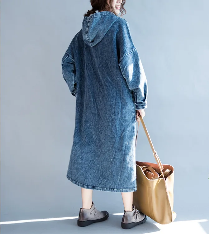 Cowboy Dress Autumn Winter New Style Korean-style Casual Long Hooded Long-Sleeve Loose-Fit Fat Mm Plus-sized | Женская одежда