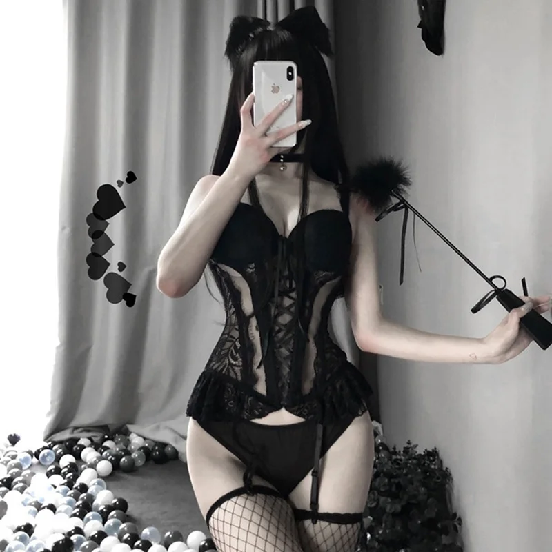 

Sexy Bellyband Lingerie Maid Outfit Underwire Gathered Pajamas Corset Bustier Women Underwear Student Transparent Passion Suit