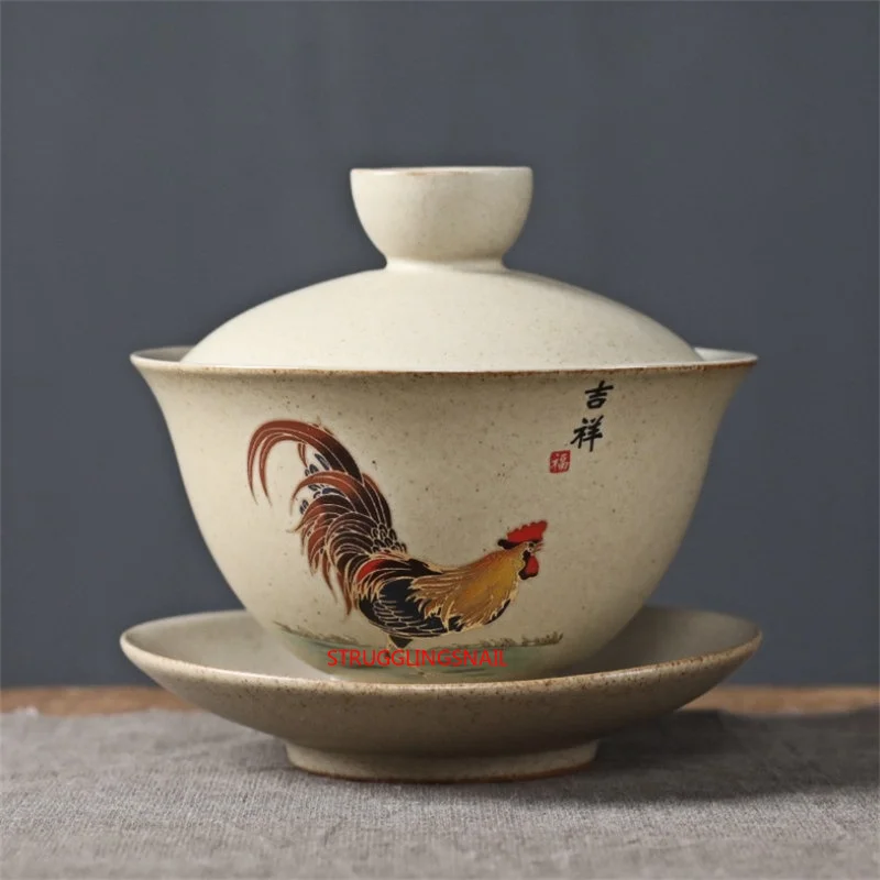 

Vintage Jingdezhen Tea Cup Chinese Tea Set Rooster Tureen Office Gaiwan Ceramic Tea Bowl with Cover Coffee Cup and Saucer Set