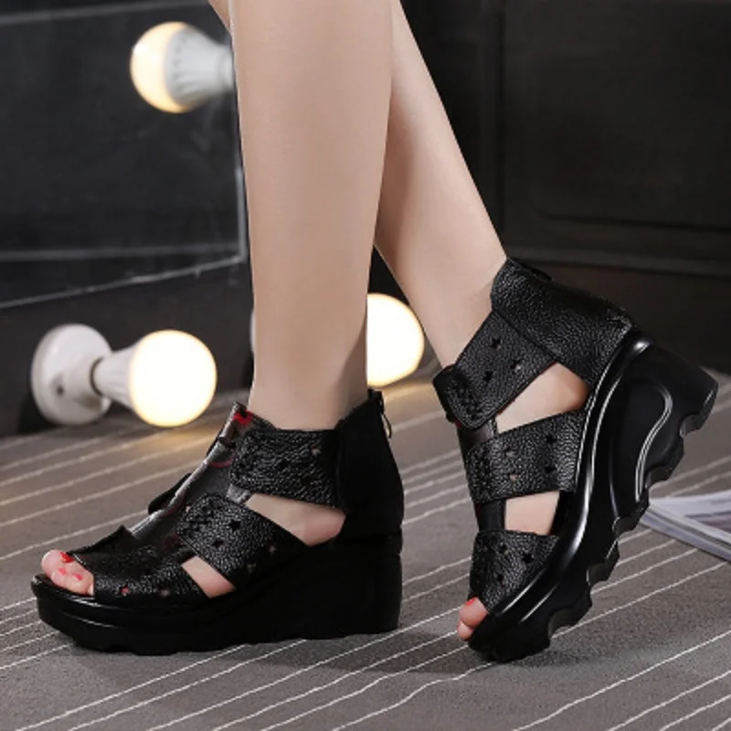 Women's leather sandals summer new national wind fish mouth wedge with thick-bottomed hollow hole muffin bottom | Обувь