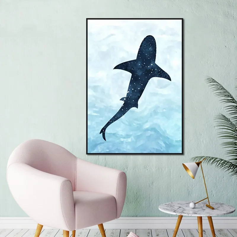 

Home Decoration Wall Painting Poster Shark Blue Sea Background Canvas Oil Painting Art Drawing Living Room Porch Frameless