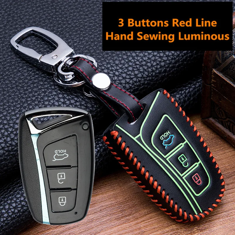 

Luminous Remote Smart Car Key Case For Hyundai Fob IX45 Santa Fe Tucson Leather Car Keychain Keyring Key Holder Cover Bag Shell