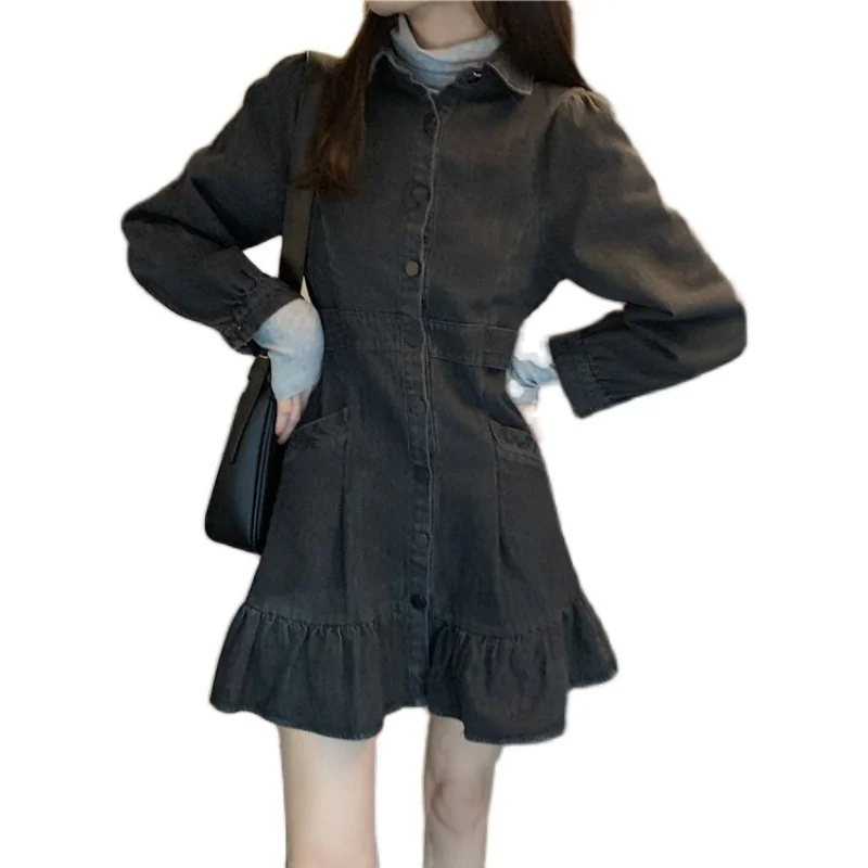 

COIGARSAM Office Lady Ruffles Women dress Winter Full Sleeve Solid High Waist Turn-down Collar Dresses Black 93181
