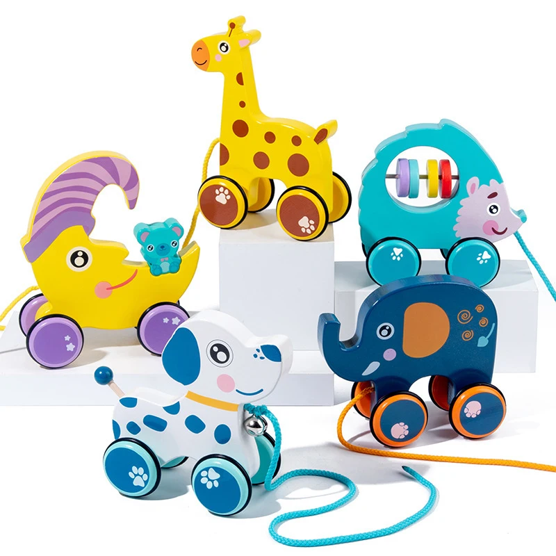 Baby Toddler Toy Cute Cartoon Animal Hand Pull Rope Push Pull Walker Wooden Building Block Toy Car Children's Early Education