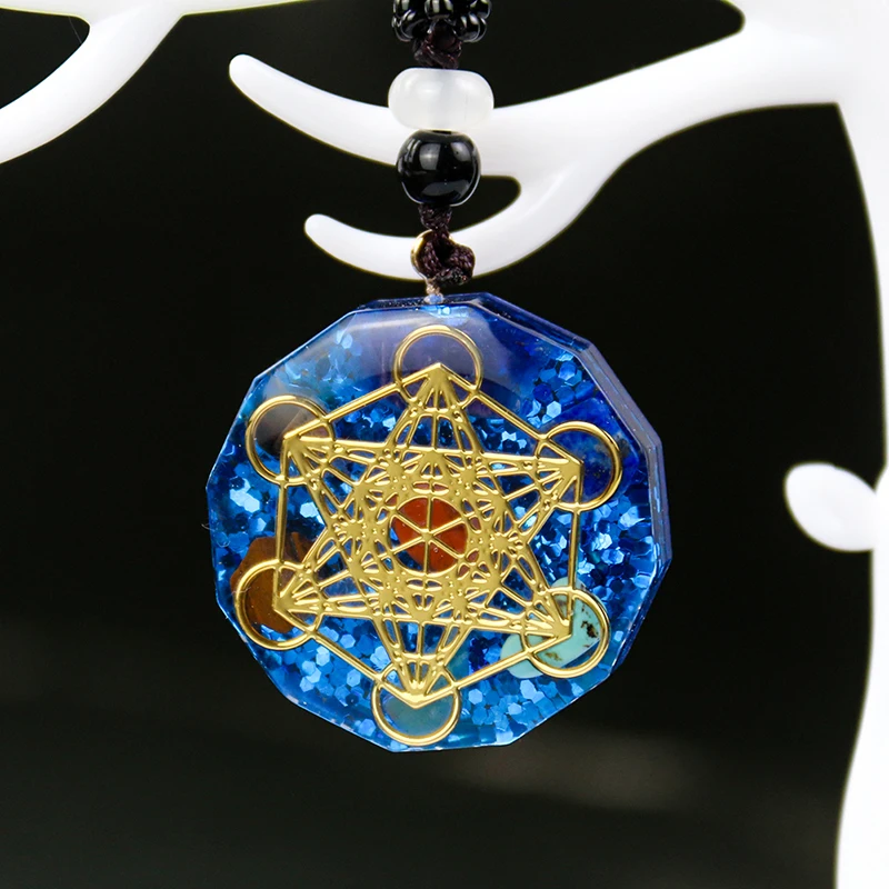 

Blue Orgone Pendant Crystal Gemstone 7 Chakra Healing Energy Stone Metatron Cube Orgonite Solomon Seal Star of David Necklace