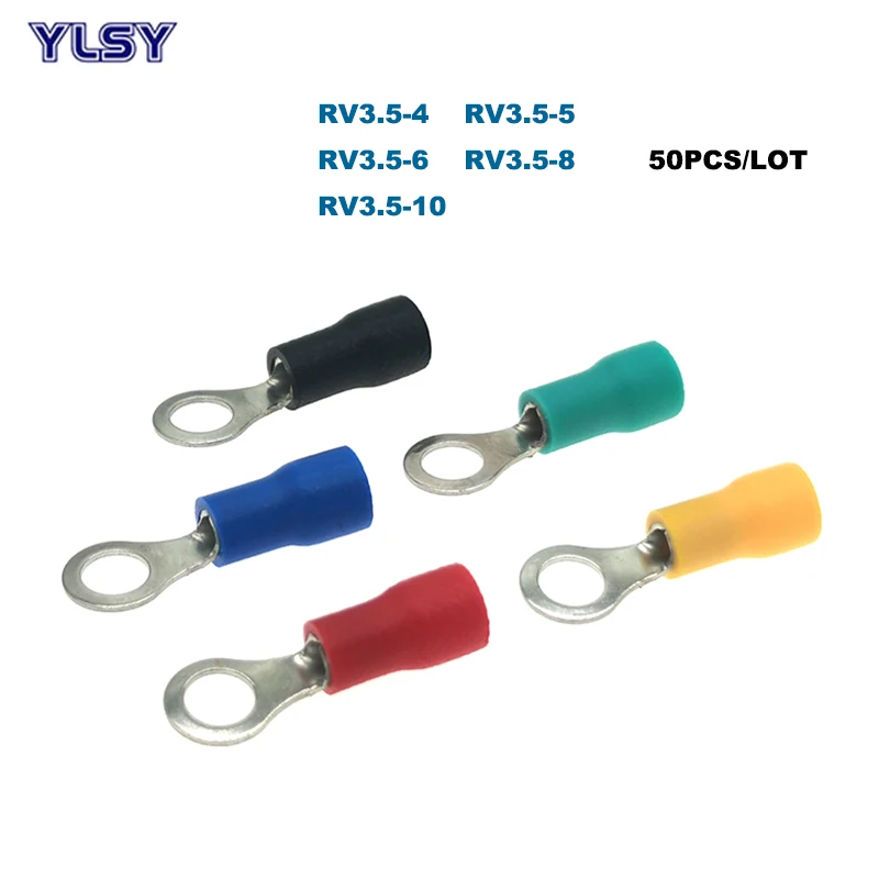 

50Pcs Ring Insulated Crimp Terminals Electrical Wire Connector RV3.5-4/5/6/8/10 Ferrules Brass Cable 2.5-4mm2 14-12AWG 37A