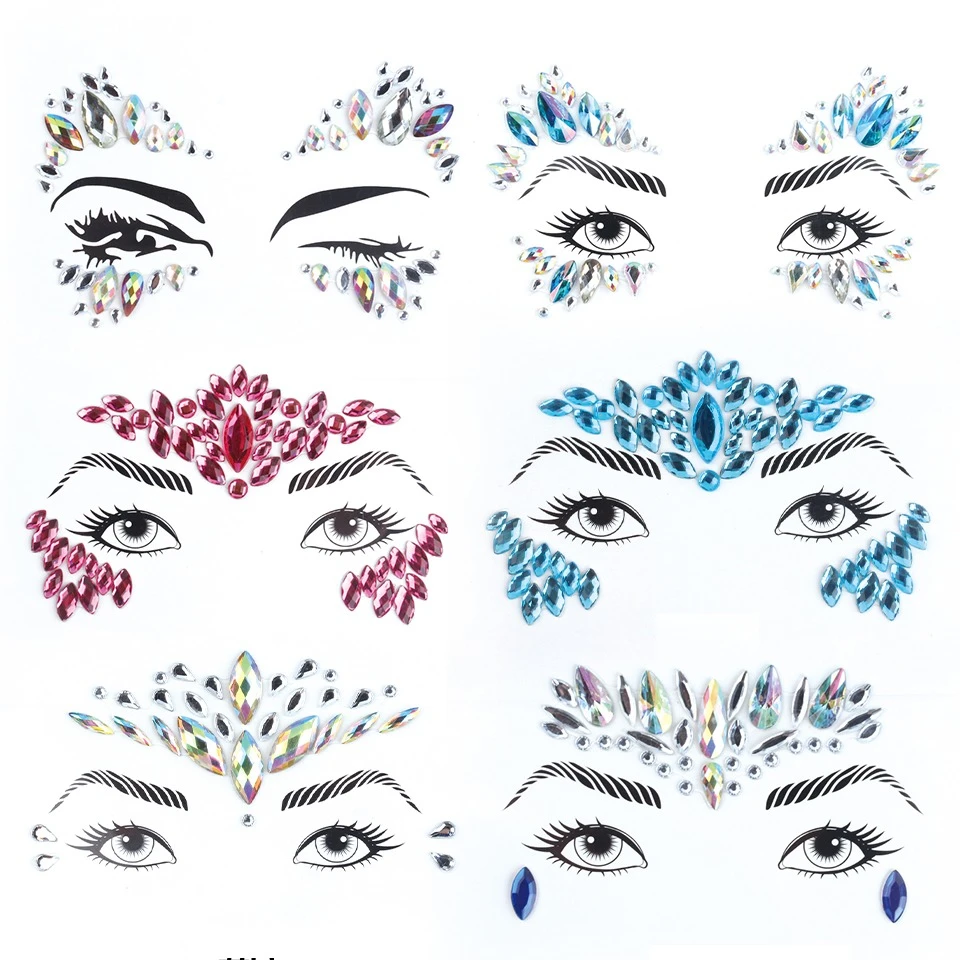 Face Metallic Temporary Tattoo Sticker,  Face Gems Mermaid Jewels Rave Crystal Gems Eye Body Face Stickers for Festival Party