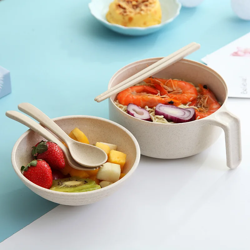 

Children Dinnerware Japanese Style Student Instant Noodles Bowl with Cover Dishes Chopsticks Suit Wheat Straw Lunch Box