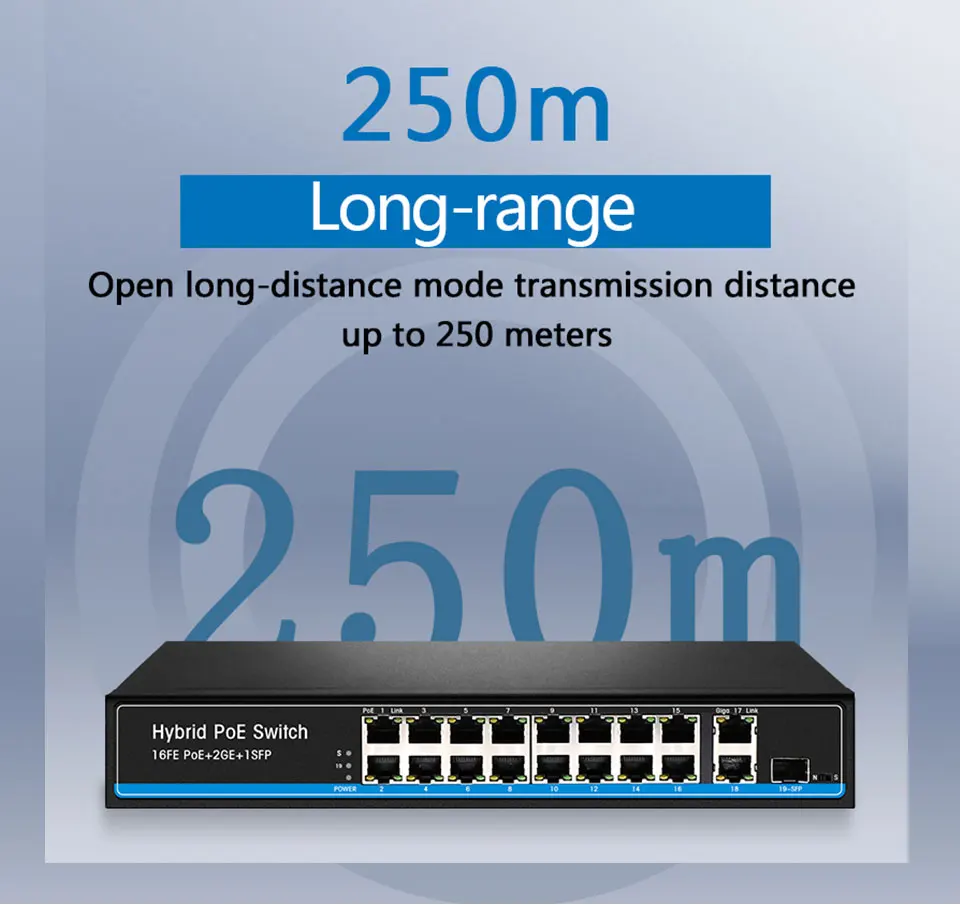 16 портов PoE коммутатор для ip-камеры с 2 портами 1000 м uplink 1 порт SFP PoE Ethernet коммутатор PoE 48 в коммутатор