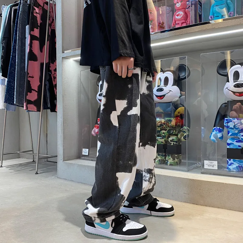 Autumn Tie-dye Jeans Men's Fashion Printing Casual Baggy Straight Jeans Men Streetwear Loose Hip-hop Denim Trousers Mens S-2XL