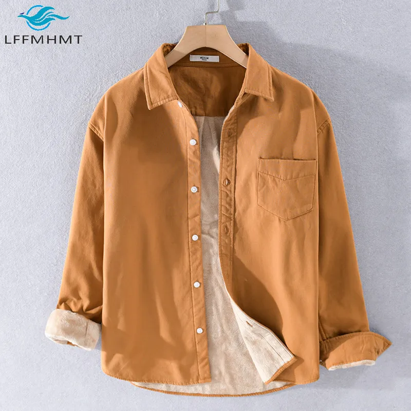 Winter Fall Fashion Solid Color Fleece Thick Warm Long Sleeve Simple Shirts Men Japan Style Harajuku Casual Slim Fit Trendy Tops