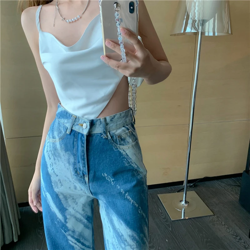 

Casual Y2k Tie Dye Joggers Pants Women Fashion Harajuku Hole High Waist Straight Denim Pocket Long Trouses Streetwear Jeans