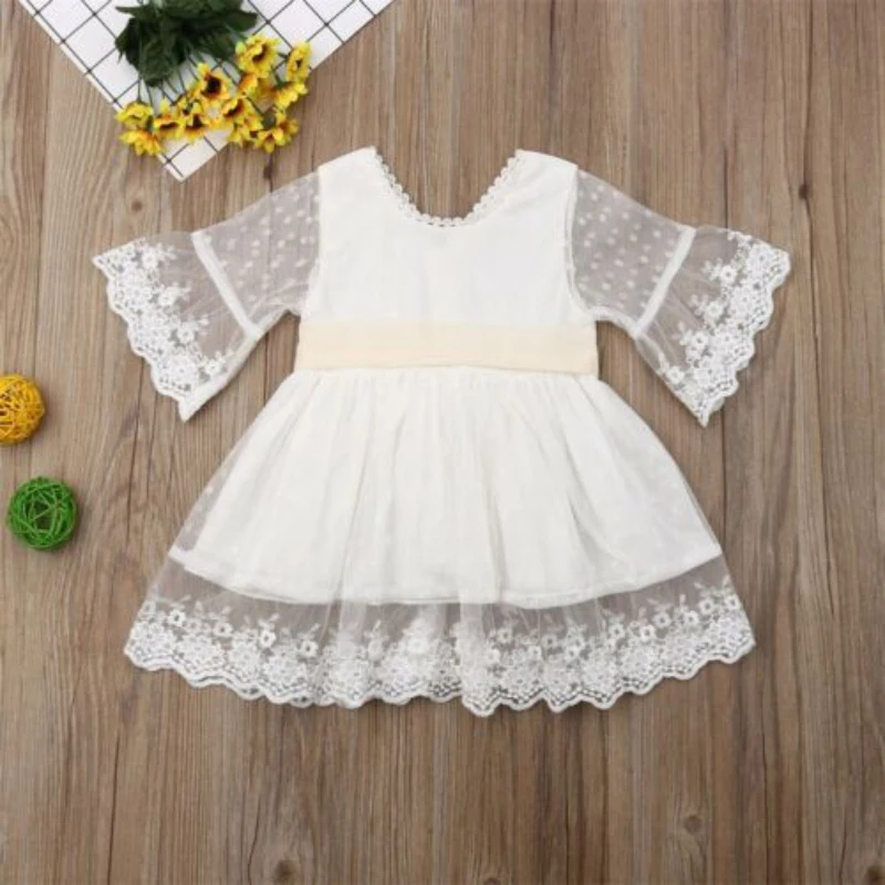 

Spring Girls Bridesmaid White Dress Baby Toddler Kids Knee-Length Fashion Party Lace Long Sleeve Bow Wedding Princess Dresses