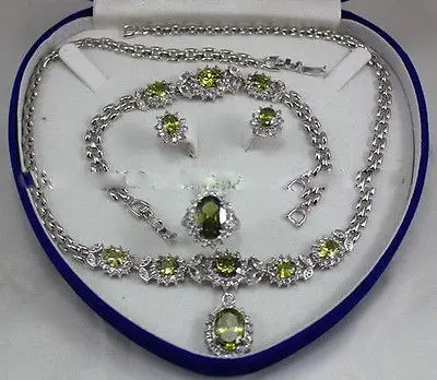 

hot sell new - Charming!Peridot Inlay Link Bracelet earrings Ring Necklace Set watch wholesale Quartz stone CZ
