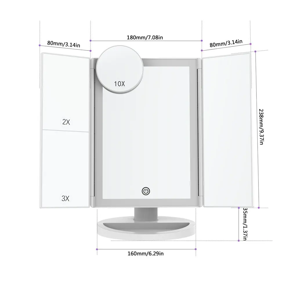 LED Desktop Three Fold Makeup Mirror 2x 3x 10x 180 Degree Free Rotation Table Countertop Cosmetic Bathroom | Дом и сад
