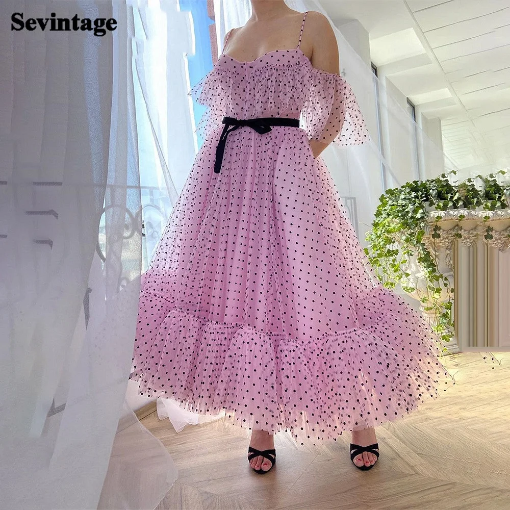 

Sevintage Sweety Pink Dotted Tulle Short Prom Dresses 2021 Black Sash Off the Shoulder Backless Homecoming Party Gowns Plus Size