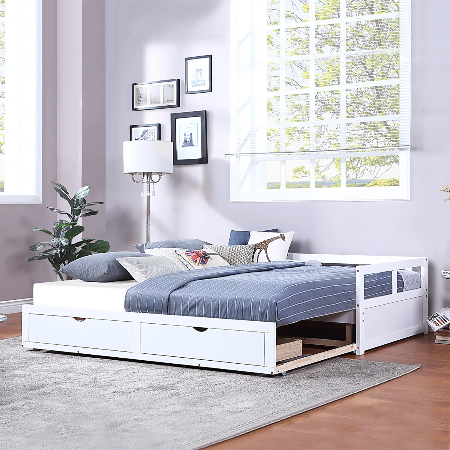 

"Wooden Daybed with Trundle Bed and Two Storage Drawers , Extendable Bed Daybed,Sofa Bed for Bedroom Living Room,White