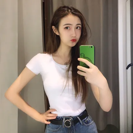 

Женский короткий топ hanNEW, удобный и универсальный, Повседневный, тонкий и облегающий, с круглым вырезом, тонкий и однотонный