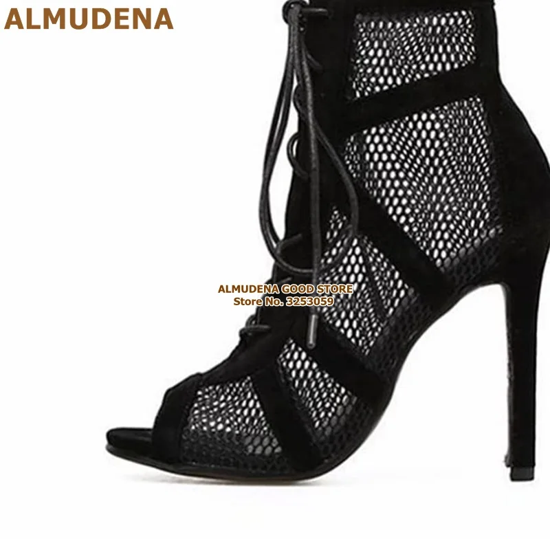 Beli ALMUDENA Sepatu Bot Pergelangan Kaki Jaring Beludru Hitam Sepatu Gaun Hollow Out Bertali Seksi Hak Tinggi Pompa Perjamuan Patchwork Bertali Tipis