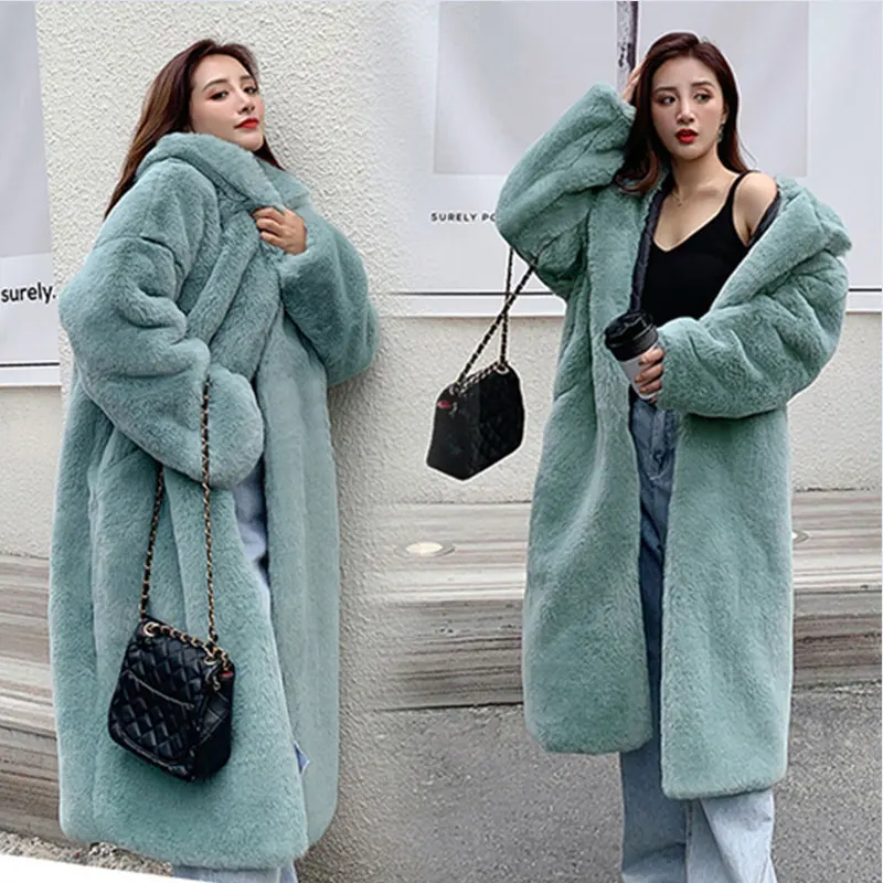 pea green color Прошитой подошве; теплые зимние плюшевые тапочки с мехом пальто Для женщин, модная зимняя куртка с капюшоном и свободные пальто с искусственным мехом Для женщин теплая плотная длинная куртка C мехом женские kamizelka futerko 30 - Цвет: pea green color