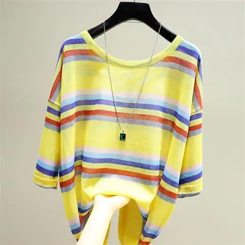 

2021 Summer Back Cross Beautiful Back Striped Round Neck Short Sleeve All-match Ice Silk Women's Shirts Office Ladies Tops