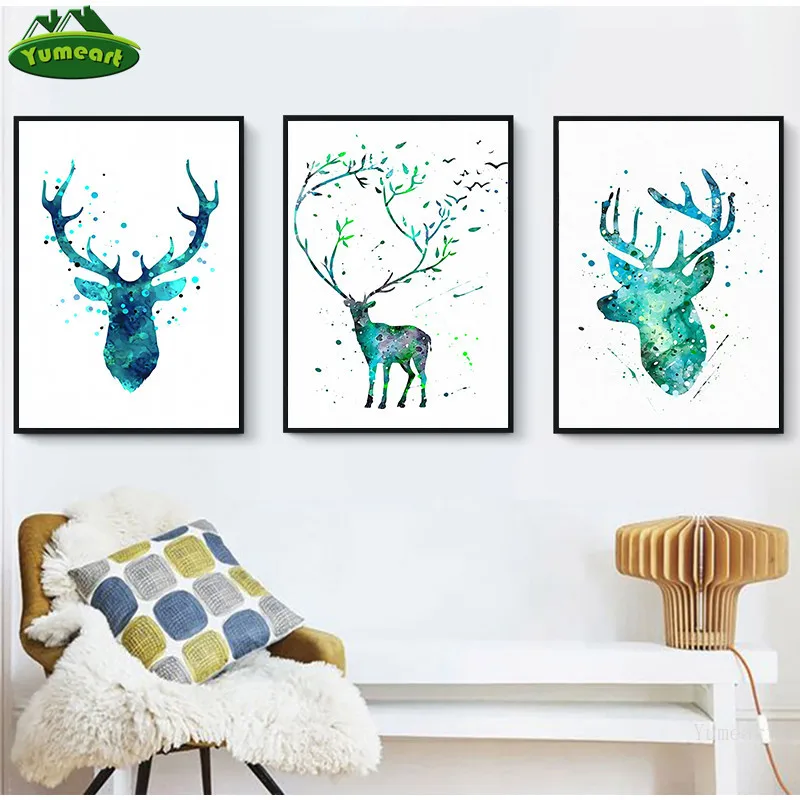 Абстрактная акварельная картина силуэт оленя силуэта плакат принты