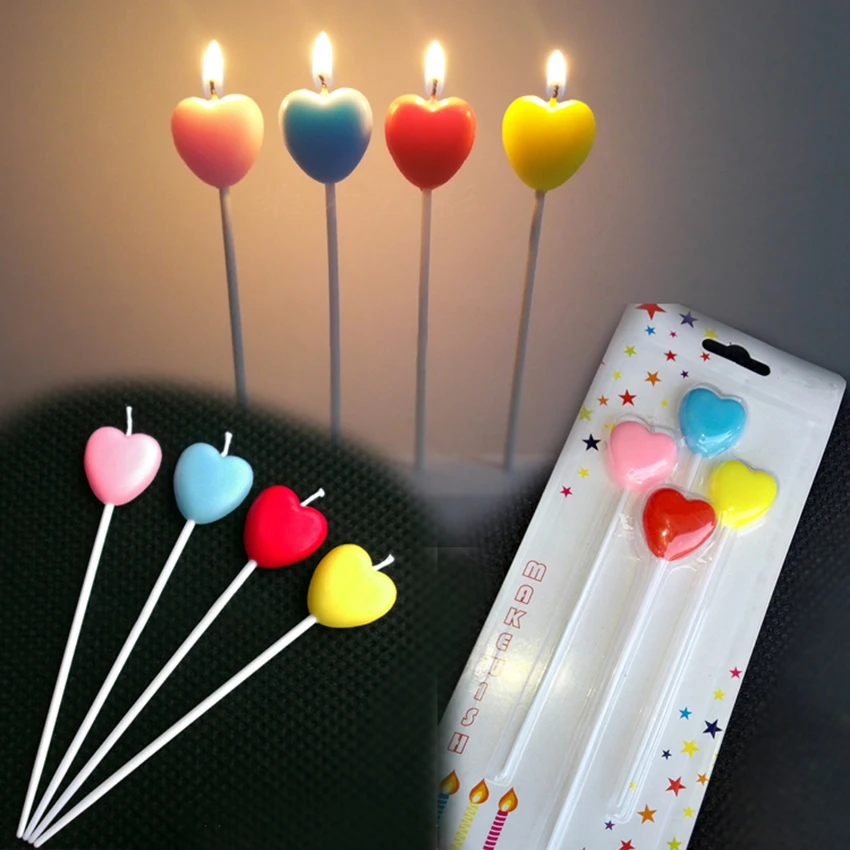 

4PCS/Set Colorful Heart Shape Long Birthday Candle Cute Cake Topper Decorative Candles for Cupcake Wedding Party Cake Decoration