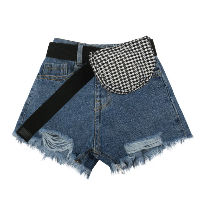 

Children's clothing 2021 girls jeans baby trousers with waist bag ripped wide leg pants shorts send belt