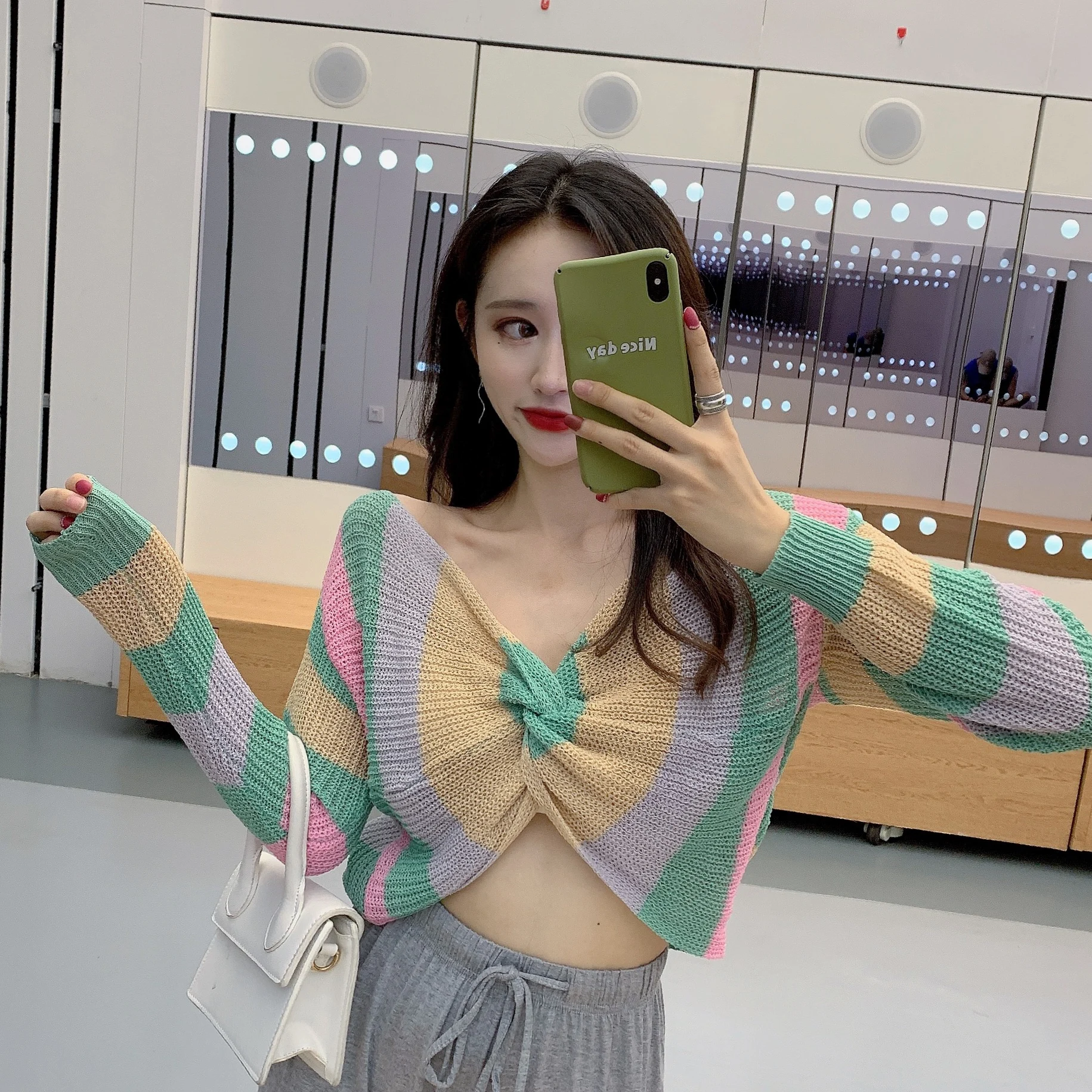 

knitted long sleeve tshirt women fashion brand v-neck crop top autumn Korean style casual tops ladies loose tee shirt femme new