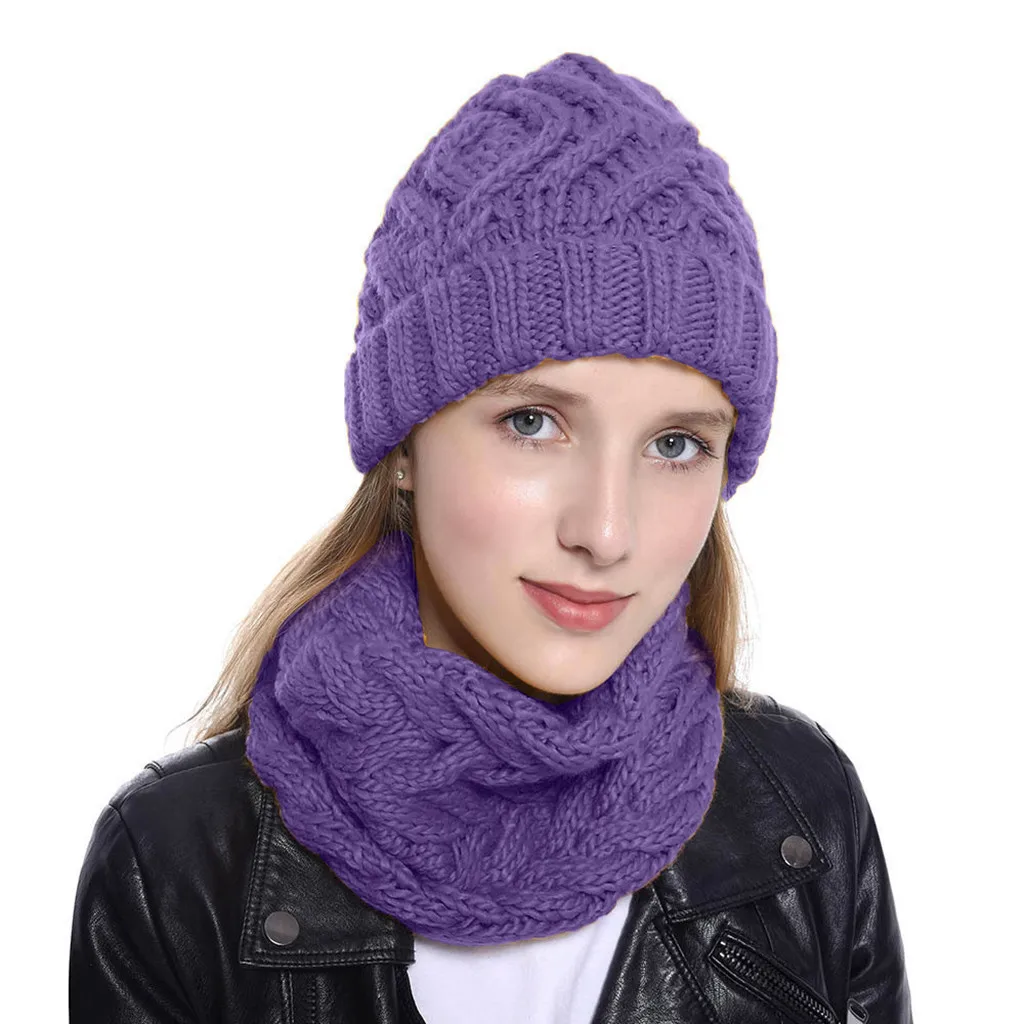 21hat and scarf Шапка и шарф 2019Top Женская двухсекционная однотонная вязаная шапка сохраняющая тепло шейный платок зимняя шапка - Цвет: 21hat and scarf