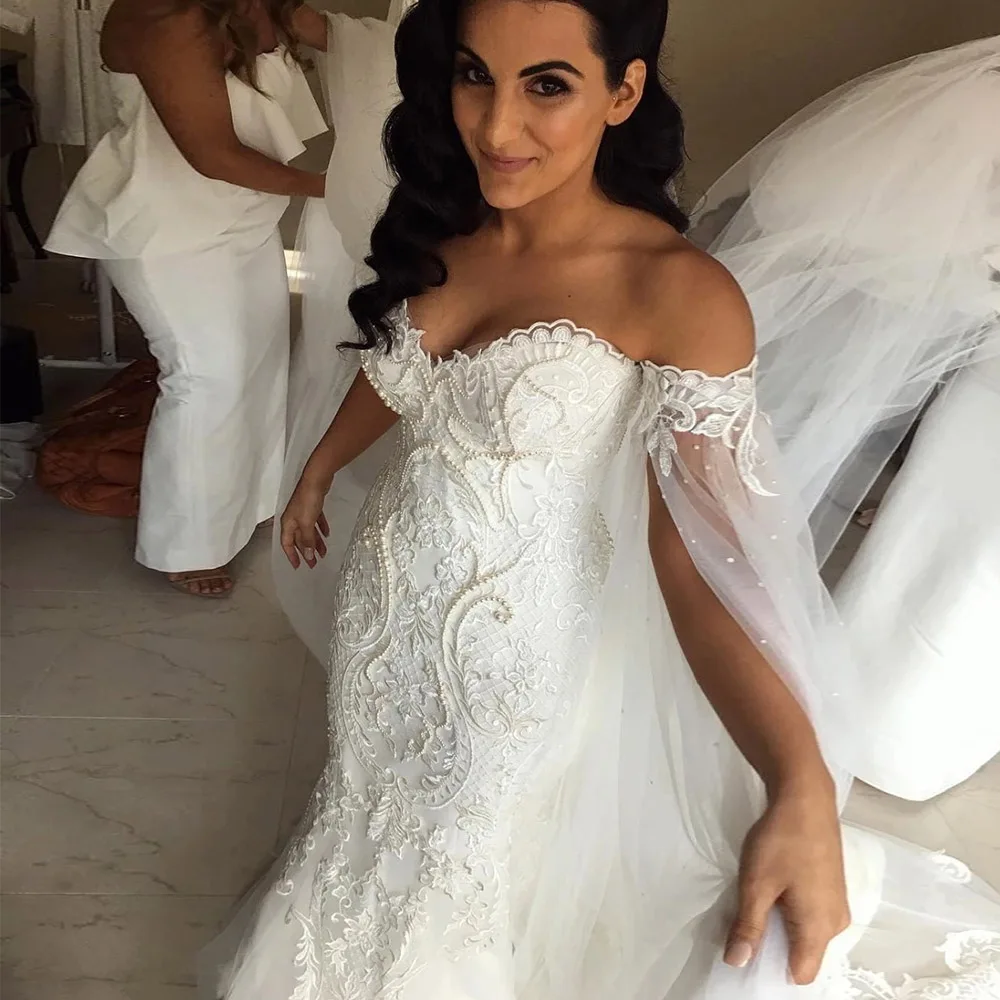 

Mermaid Wedding Dresses With Shawl Robe De Mariee Applique Beading Pearls Gowns Court Train Sheath Bridal