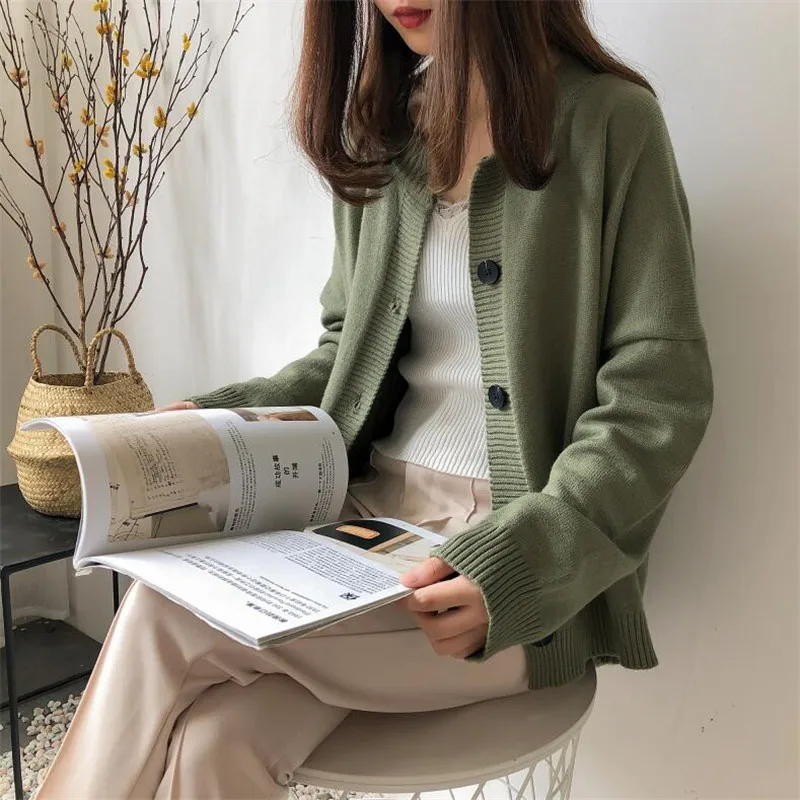 2019 весна и осень женский свитер сплошной цвет с длинными рукавами Корейская