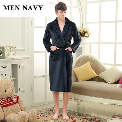 Men Navy Роскошный мужской женский зимний длинный теплый халат, супер мягкий фланелевый банный халат, мужское Коралловое кимоно из рунной шерсти, мужской халат для отдыха - Цвет: Men Navy
