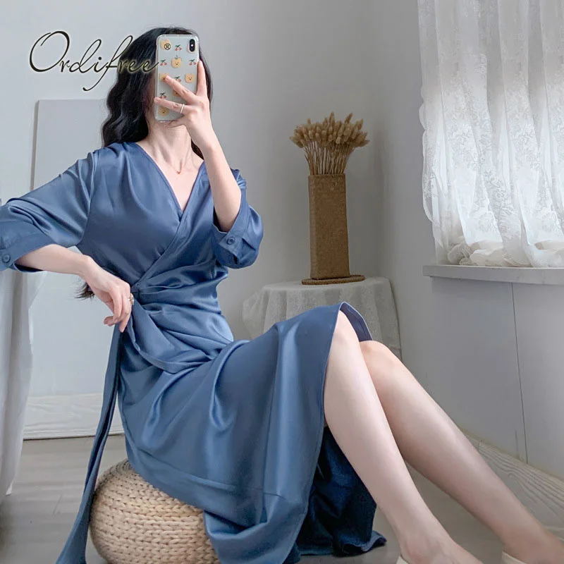 

2021 Summer Elegant Women Satin Dress Long Sleeve Draped Belted Sexy Silk Tunic Party Dress Plus Size 4XL