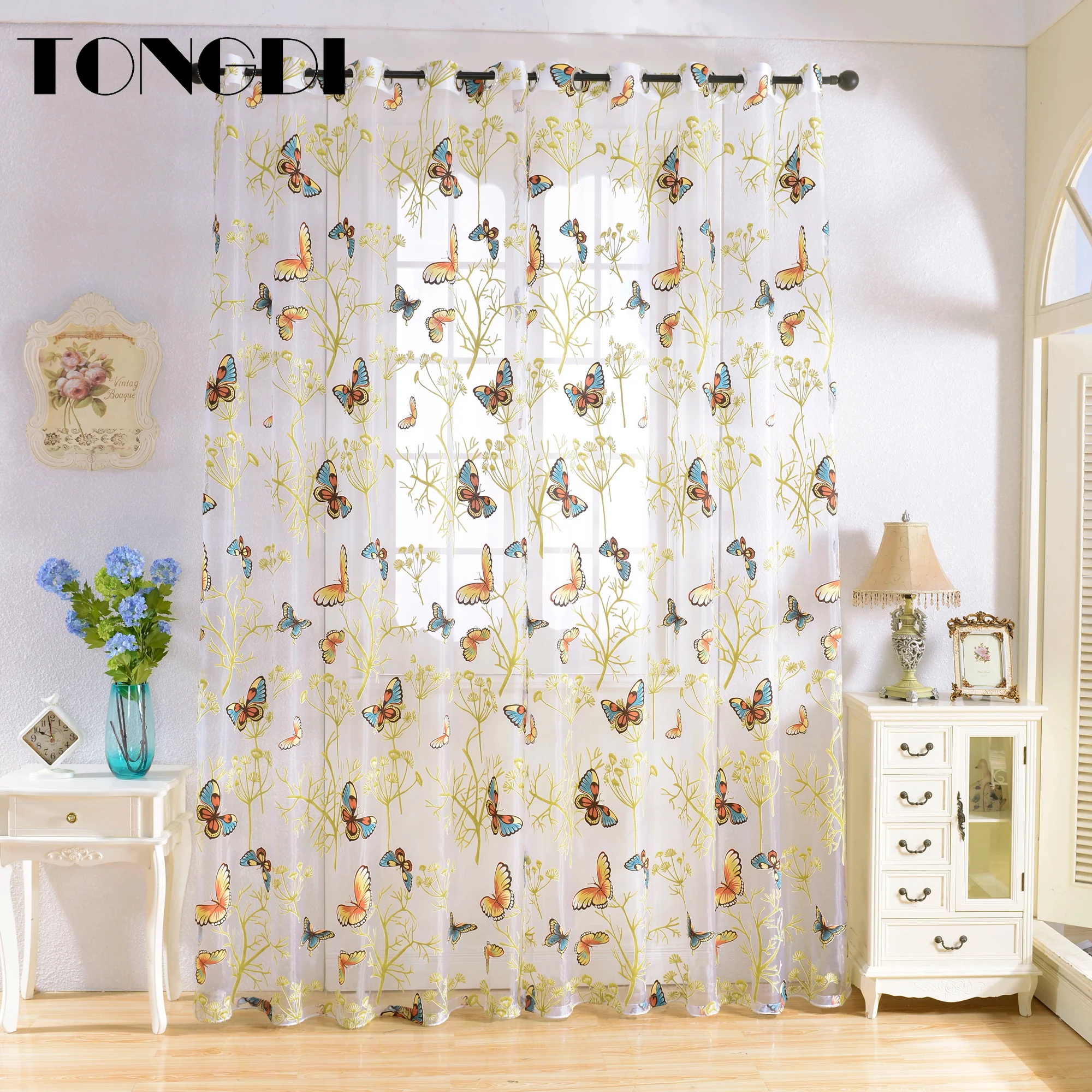 TONGDI занавески с принтом бабочек ивовая прозрачная белая тюль прозрачное окно