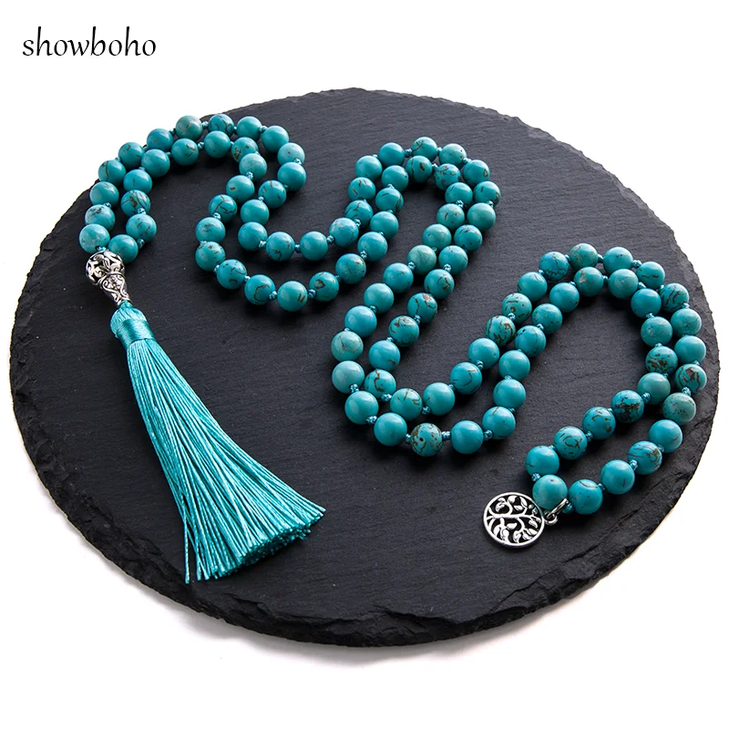 

8mm Natural Blue Turquoise Beaded Knotted Mala Necklace Meditation Yoga Blessing 108 Japamala Charm Jewelry for Men and Women
