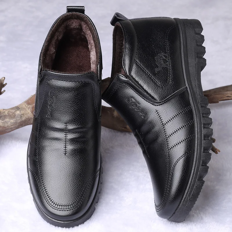 

Snow Boots Men Leather Boots Keep Warm Soft Bottom Cotton Shoes Formal Wear Business Fashion Nonslip Winter Bare Boots Round