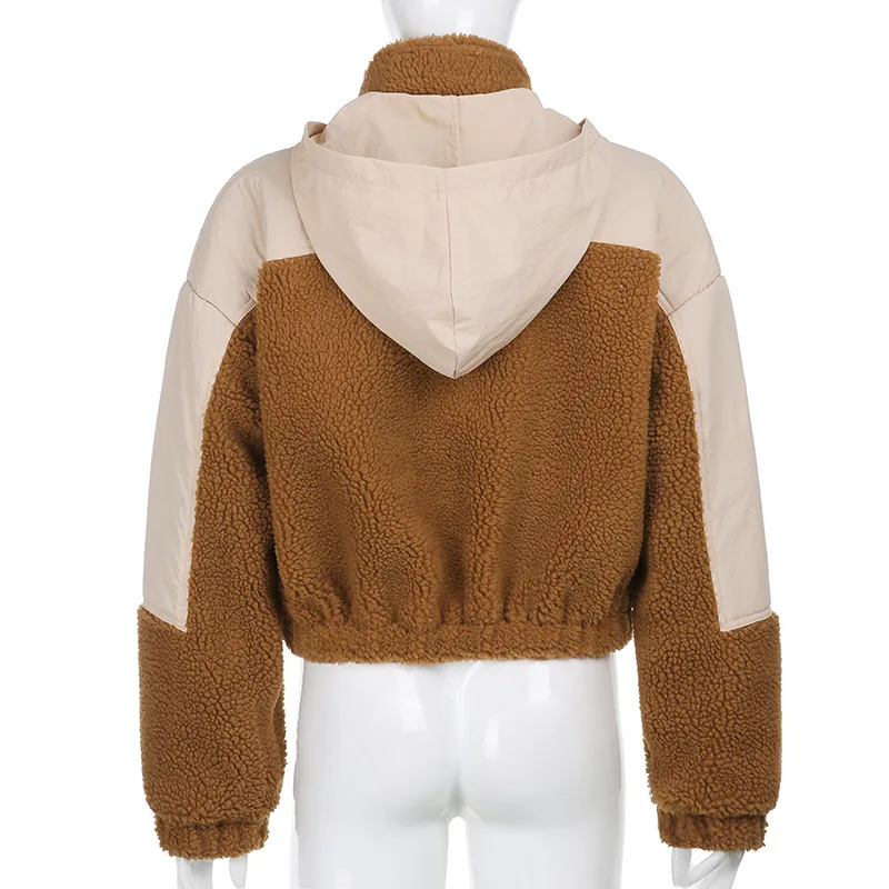 

Casual Patchwork flocking plush jacket for women Fall winter hooded khaki chaqueta mujer Female Fake Fur Jackets outerwear